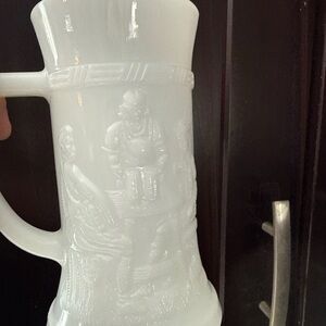 Vintage Federal Milk Glass Beer Stein Tavern Scene Mug MCM 6”